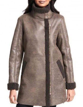 Women Asymmetrical Zip Shearling Leather Coat