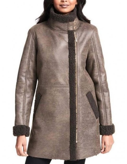 Women Asymmetrical Zip Shearling Leather Coat