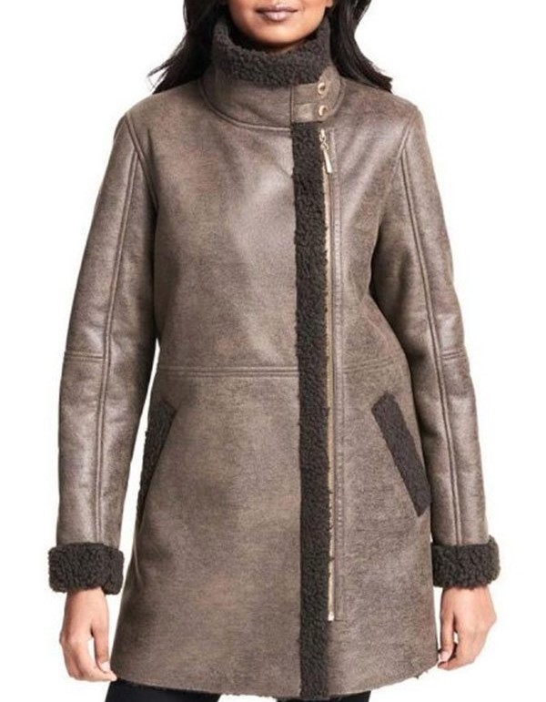 Women Asymmetrical Zip Shearling Leather Coat