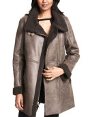 Women Asymmetrical Zip Shearling Leather Coat