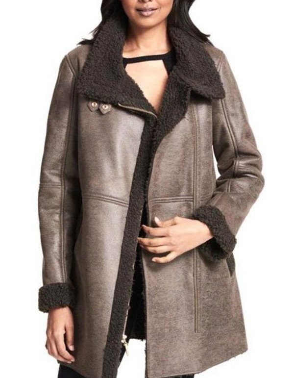 Women Asymmetrical Zip Shearling Leather Coat