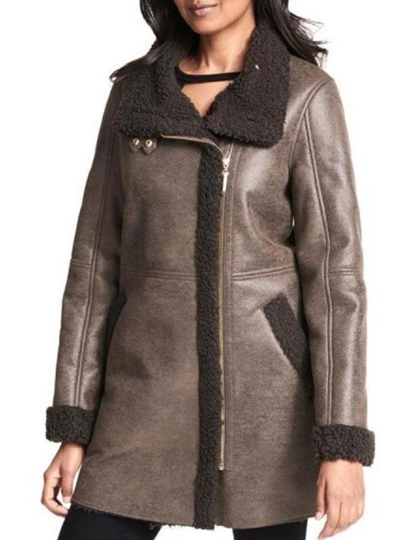 Women Asymmetrical Zip Shearling Leather Coat