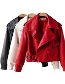 Women's Spring Fashion Retro Long Sleeve Washed PU Leather Solid Color Jacket