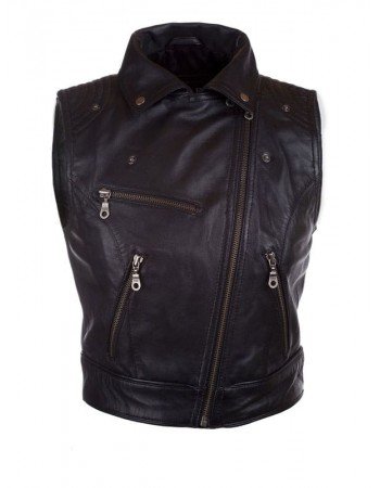 Womens Fashion Designer Leather Motorcycle Vest Black