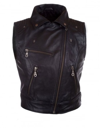Womens Fashion Designer Leather Motorcycle Vest Black