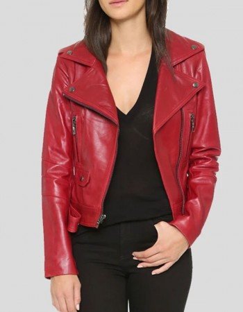 Womens Red Leather Biker Jacket