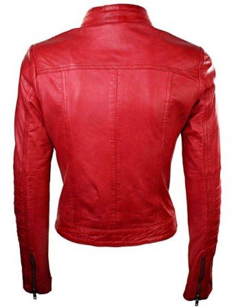 Womens Leather Biker Jacket Red Tan Stand Collar