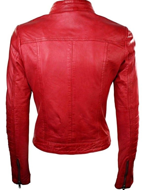 Womens Leather Biker Jacket Red Tan Stand Collar