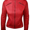 Womens Leather Biker Jacket Red Tan Stand Collar