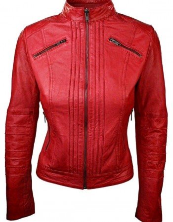 Womens Leather Biker Jacket Red Tan Stand Collar