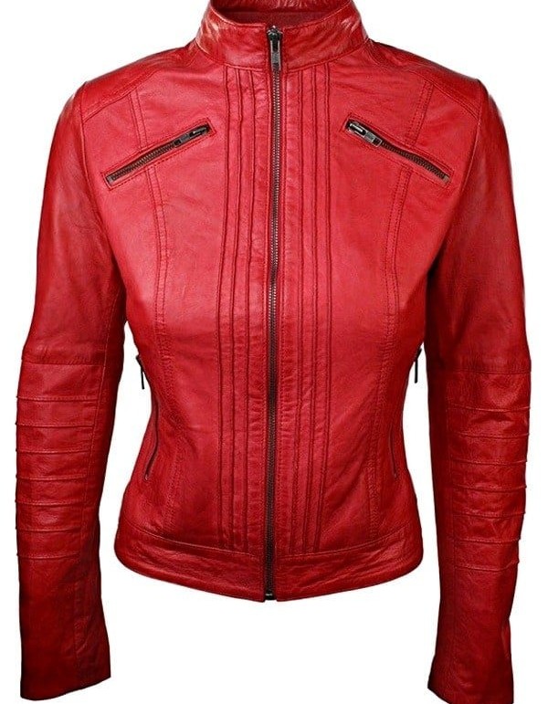 Womens Leather Biker Jacket Red Tan Stand Collar