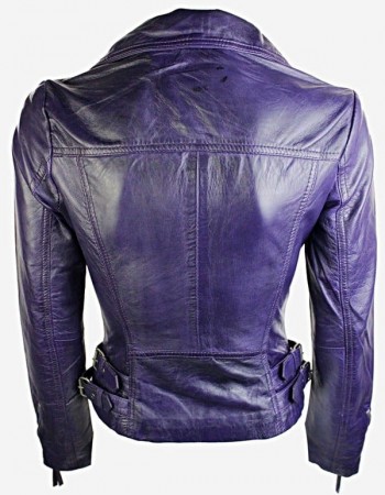 Womens Short Fitted Leather Motorcycle Jacket Purple