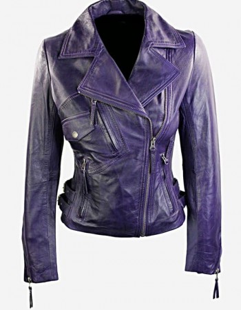Womens Short Fitted Leather Motorcycle Jacket Purple