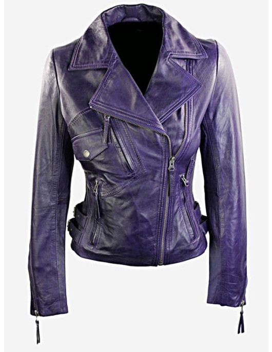 Womens Short Fitted Leather Motorcycle Jacket Purple