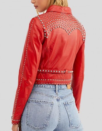 Womens Studded Red Cropped Leather Jacket