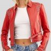 Womens Studded Red Cropped Leather Jacket