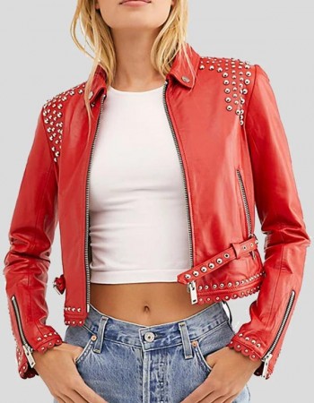 Womens Studded Red Cropped Leather Jacket