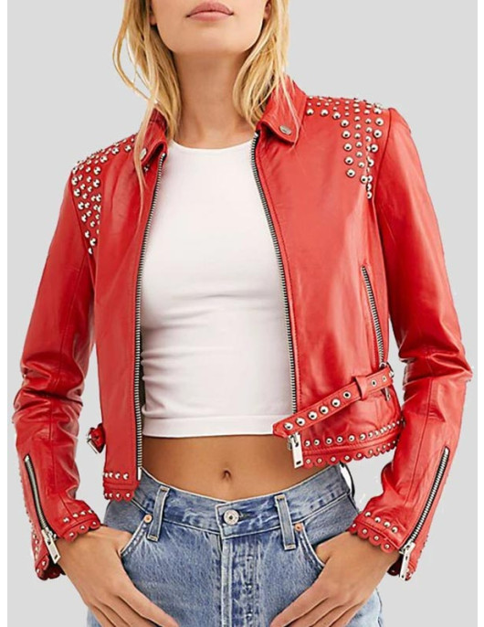 Womens Studded Red Cropped Leather Jacket