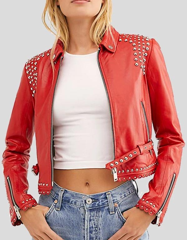 Womens Studded Red Cropped Leather Jacket