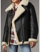 Women’s Aviator Ivory Shearling Black Leather Jacket