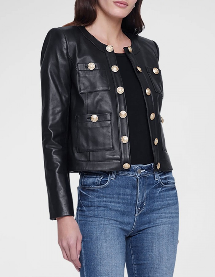 Women’s Jayde Collarless Black Leather Jacket