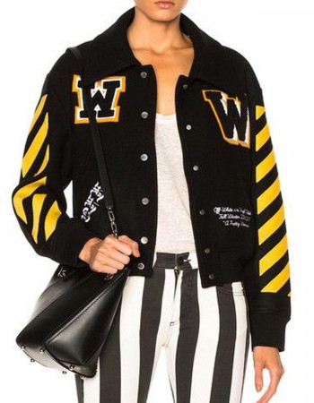 Women’s Off-White Virgil Abloh Varsity Jacket with Yellow Striped Sleeves