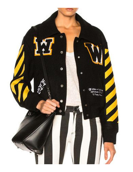 Women’s Off-White Virgil Abloh Varsity Jacket with Yellow Striped Sleeves