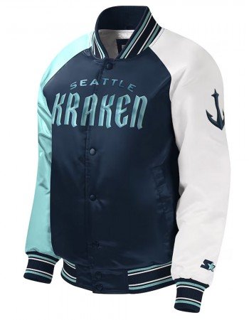Youth Seattle Kraken Raglan Full-snap Varsity Satin Jacket