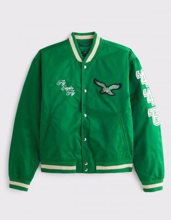 Abercrombie Chiefs Green Varsity Satin Bomber Jacket