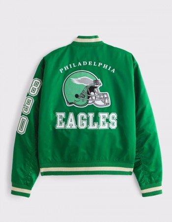 Abercrombie Chiefs Green Varsity Satin Bomber Jacket