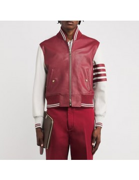 Alton Mason Burgundy and White Varsity Leather Jacket