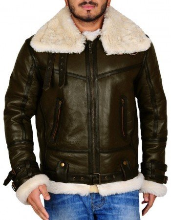 Mens Army Green Bomber Leather Jacket