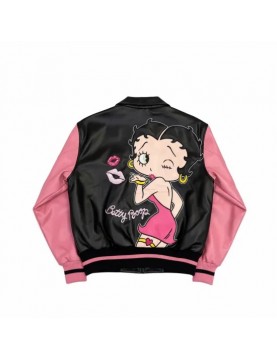 Betty Boop Pink Varsity Bomber Leather Jacket for Women Betty Boop Pink Varsity Bomber Leather Jacket for Women
