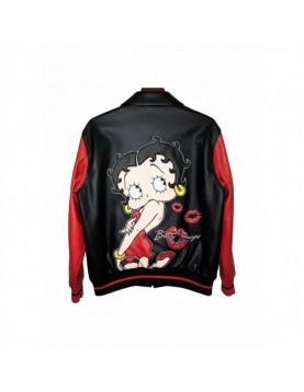 Betty Boop Pink Varsity Bomber Leather Jacket for Women Betty Boop Pink Varsity Bomber Leather Jacket for Women