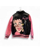 Betty Boop Pink Varsity Bomber Leather Jacket for Women Betty Boop Pink Varsity Bomber Leather Jacket for Women