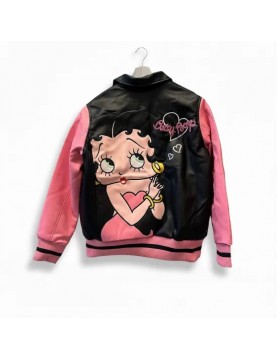 Betty Boop Pink Varsity Bomber Leather Jacket for Women Betty Boop Pink Varsity Bomber Leather Jacket for Women