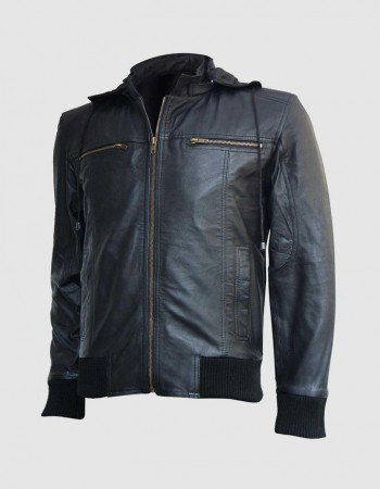 Black Hooded Leather Bomber Jacket