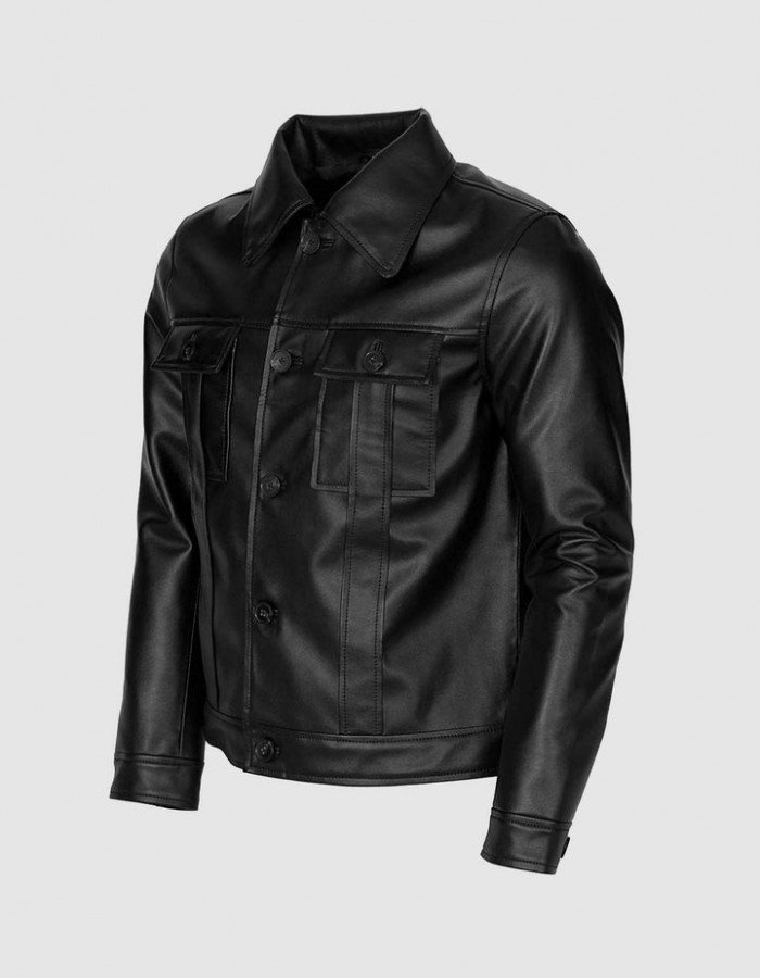 Black Leather Jacket for Men with Folded Collar Black Leather Jacket for Men with Folded Collar