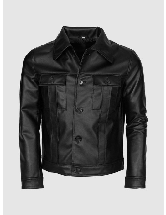 Black Leather Jacket for Men with Folded Collar