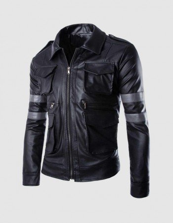 Black Leather Jacket with Grey Stripes