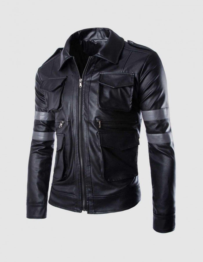 Black Leather Jacket with Grey Stripes Black Leather Jacket with Grey Stripes