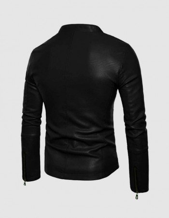 Black Leather Jacket with Small Collar