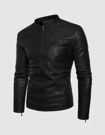 Black Leather Jacket with Small Collar