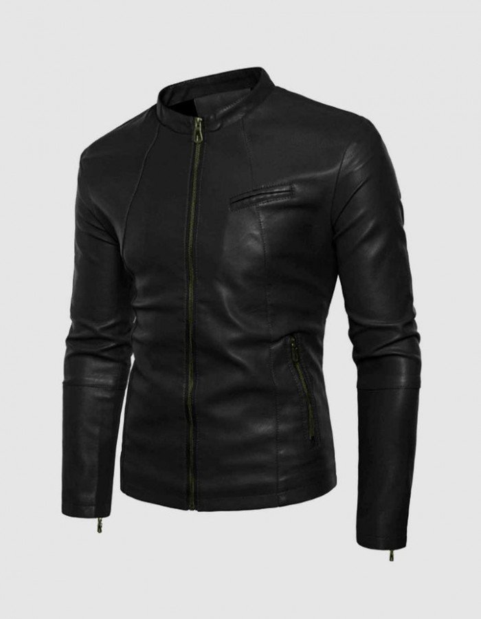 Black Leather Jacket with Small Collar Black Leather Jacket with Small Collar