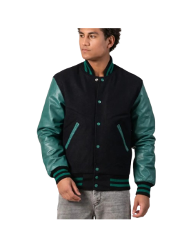 Black Melton Wool Body &amp; Teal Leather Sleeves Letterman Jacket