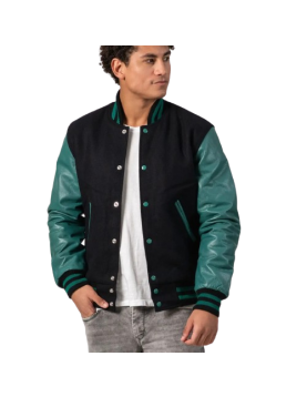 Black Melton Wool Body &amp; Teal Leather Sleeves Letterman Jacket