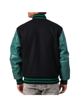 Black Melton Wool Body &amp; Teal Leather Sleeves Letterman Jacket