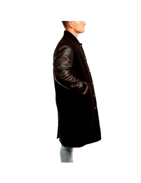 Black Wool Body &amp; Black Leather Sleeves Letterman Coat