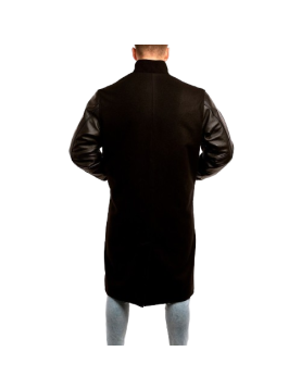 Black Wool Body &amp; Black Leather Sleeves Letterman Coat