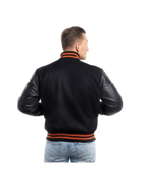 Black Wool Body &amp; Black Leather Sleeves with Orange Stripes Letterman Jacket